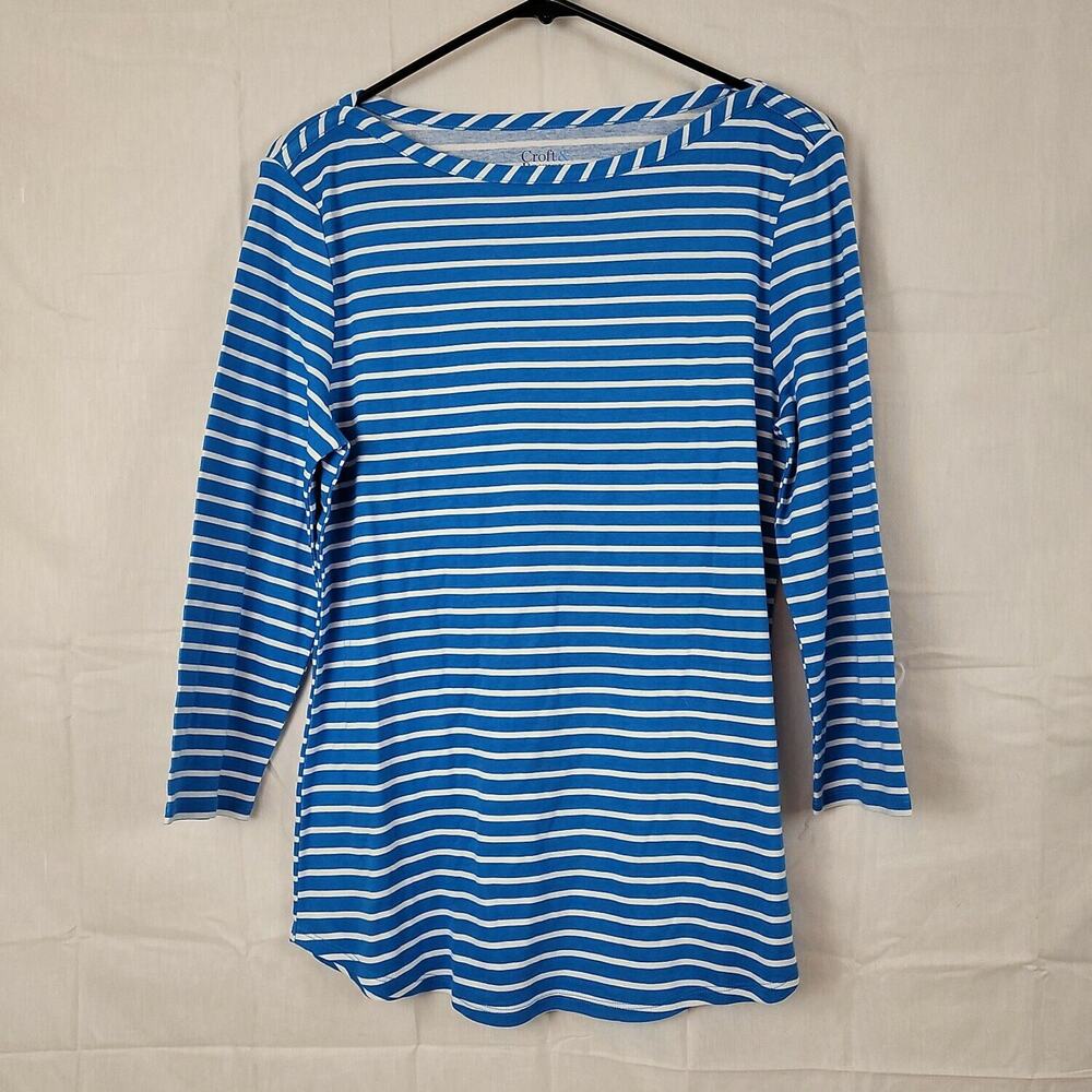 Croft & Barrow Womens Blue White 3/4 Sleeve Boat Neck Pullover Basic Top Size M